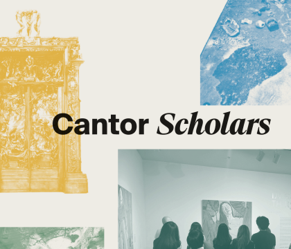 The words Cantor Scholars next to images of a bronze sculpture and students in a gallery