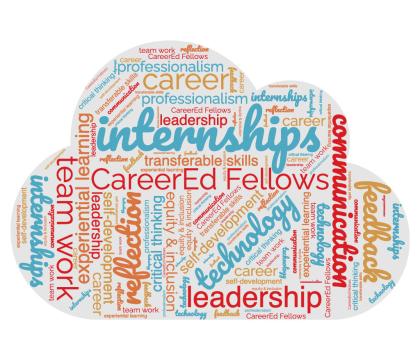 Wordcloud with CareerEd Fellows and key words such as internships, leadership, teamwork, trasnferable skills, reflection, etc.