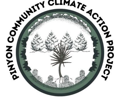 Logo with pinyon trees and mountains, with text "Pinyon Community Climate Action Project"