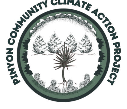 Logo for the Pinyon Community Climate Action project with pinyon trees in the middle. 