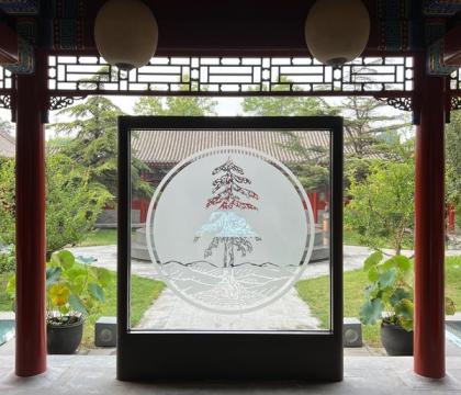 Entrance screen to the Stanford Center at Peking University, featuring a tree on a glass window pane