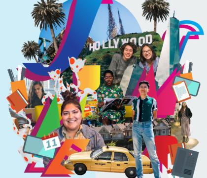 Cut out images of students collaged against a backdrop of colorful shapes and landmarks of the United States