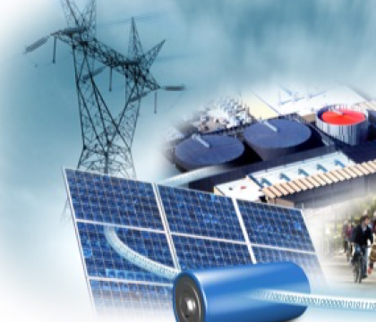 Image of electric transmission tower, solar panels, battery and power plant.