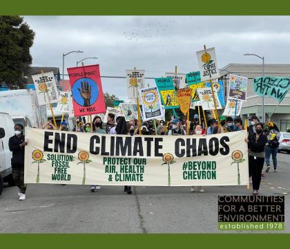 Summer 2022 Summer Fellow marching with "End Climate Chaos" banner