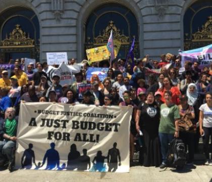 People demonstrating in front of the San Francisco City Hall