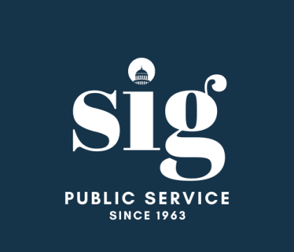 The SIG logo appears in the center of a dark blue background. Below the logo, the SIG motto "public service since 1963" appears.