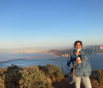 Haas Fellow Uma Phatak with the Golden Gate Bridge in the background