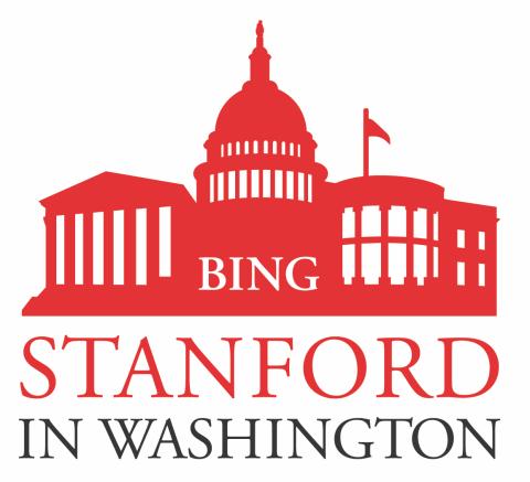 Bing Stanford in Washington logo. Red image of US Capitol building, Supreme Court, and White House.