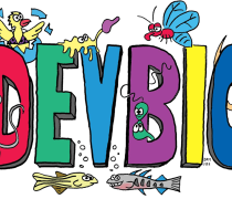 DevBio drawn with cartoons of model animals on the letters