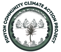 Logo for the Pinyon Community Climate Action project with pinyon trees in the middle. 