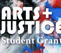 Text "Arts + Justice Student Grants" on a blue red and white marble background
