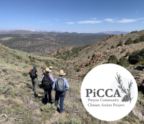 Field scientists walking in the Eastern Sierra mountains with a logo for the PiCCA (Pinyon Community Climate Action) project. 