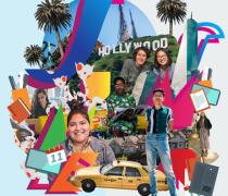 Cut out images of students collaged against a backdrop of colorful shapes and landmarks of the United States