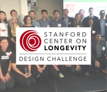 The Stanford Center on Longevity Design Challenge logo on top of a group picture of finalists from a previous Design Challenge.