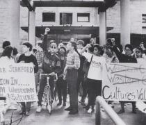 Archival image of demonstrators on Stanford campus.
