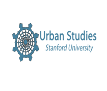Photo of Urban Studies logo. Text reads "Urban Studies, Stanford University" in a blue font next to a gear-like symbol.